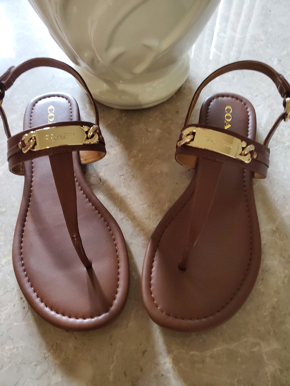 COACH Brown Leather T-Strap Sandals with Gold Accent - Picture 3 of 7